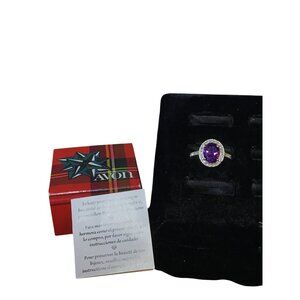 Avon Purple Oval CZ Halo Cocktail Ring Silver Tone Sparkling Accents (R151)